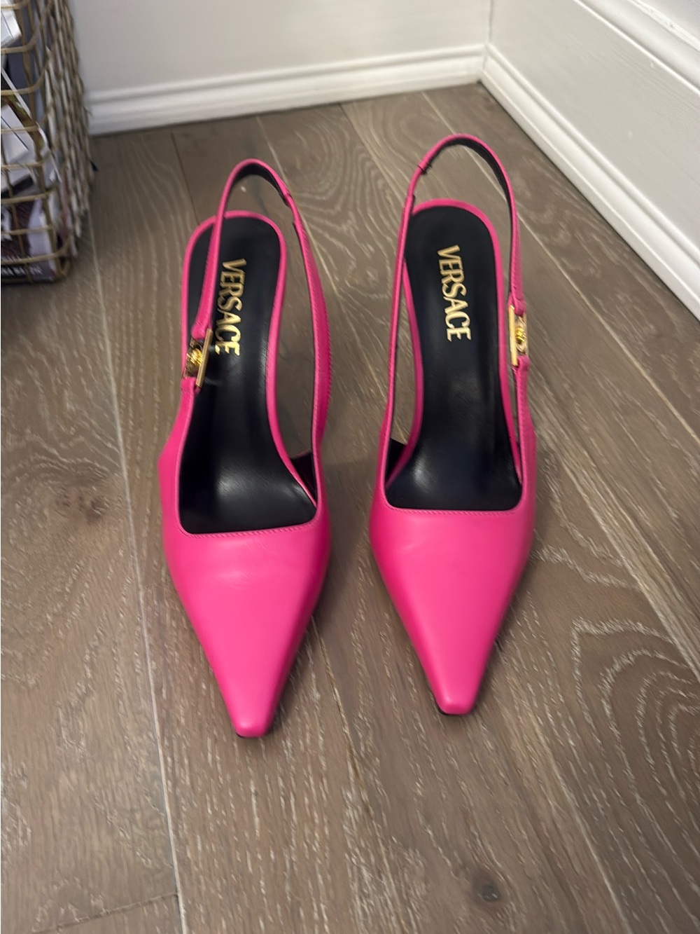 Versace Hot Pink Pointed-Toe Slingback Pumps with Gold Accent